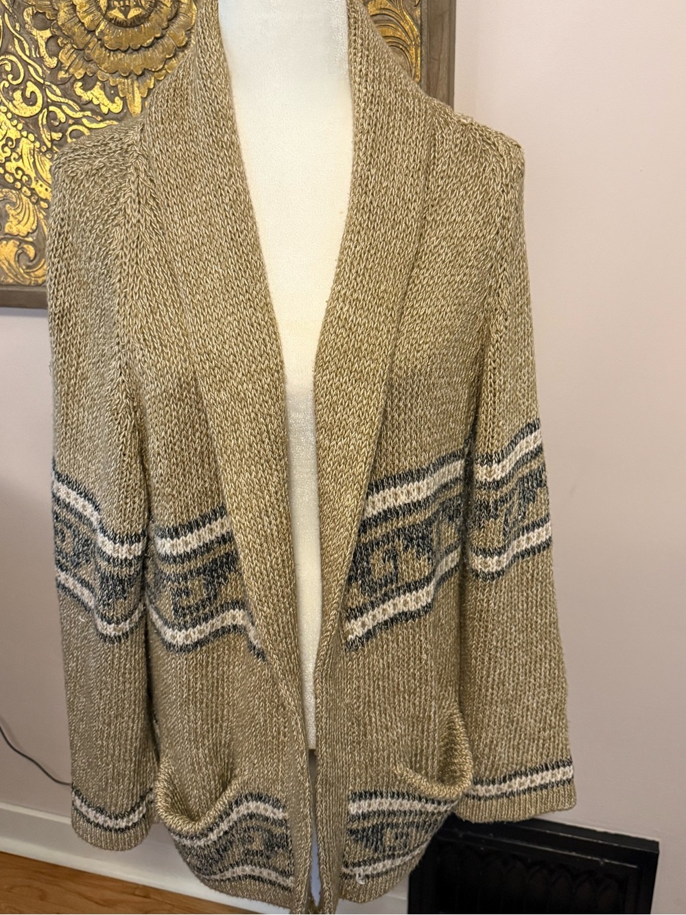 Jen’s Pirate Booty Open Front Cardigan M/L Boho Knit Shawl Collar Sweater